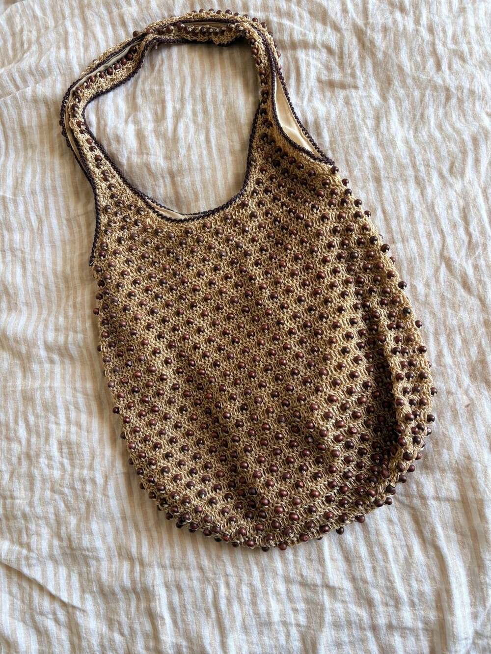 American Eagle Outfitters Wood Beaded Shoulder Bag Brown Beige Woven Purse